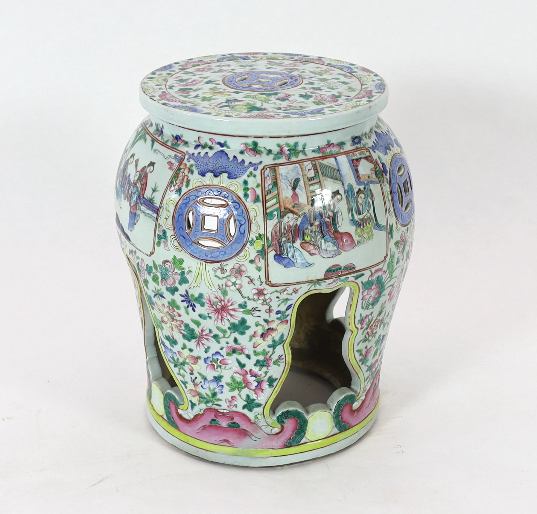 A Chinese Canton decorated famille rose garden seat, 19th century, broken and restored